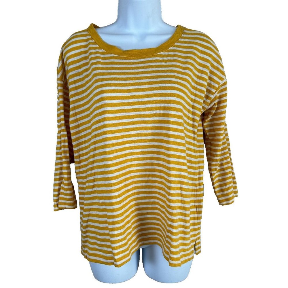 Talbots Small Womens Top Yellow White 3/4 Sleeve Striped Cotton Round Neck